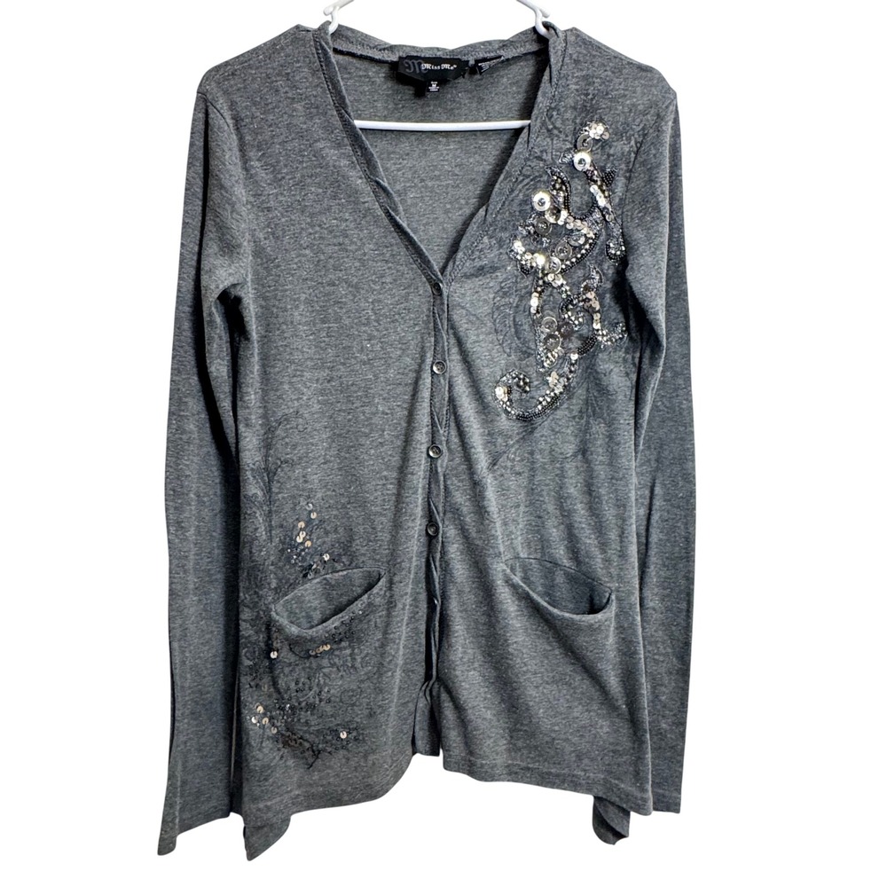 Miss Me Womens M Gray Sequin Embellished Button Front Cardigan Sweater Y2K Glam